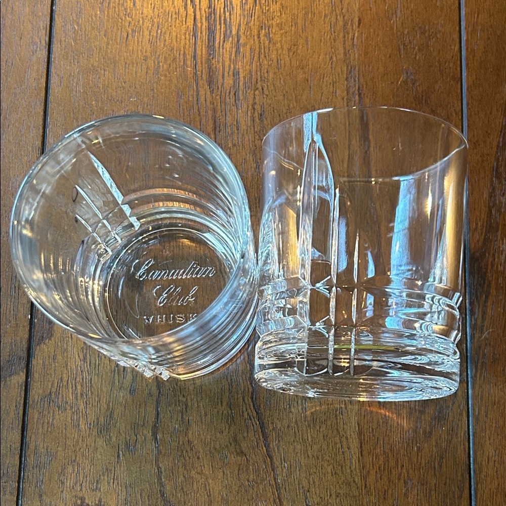 RARE PAIR CANADIAN CLUB EMBOSSED BOTTOM CUT GLASS WHISKY ROCK GLASSES